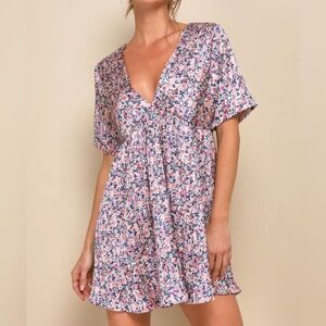 Lulus Express Yourself Floral Satin Babydoll Mini Dress Blush Pink Size Small